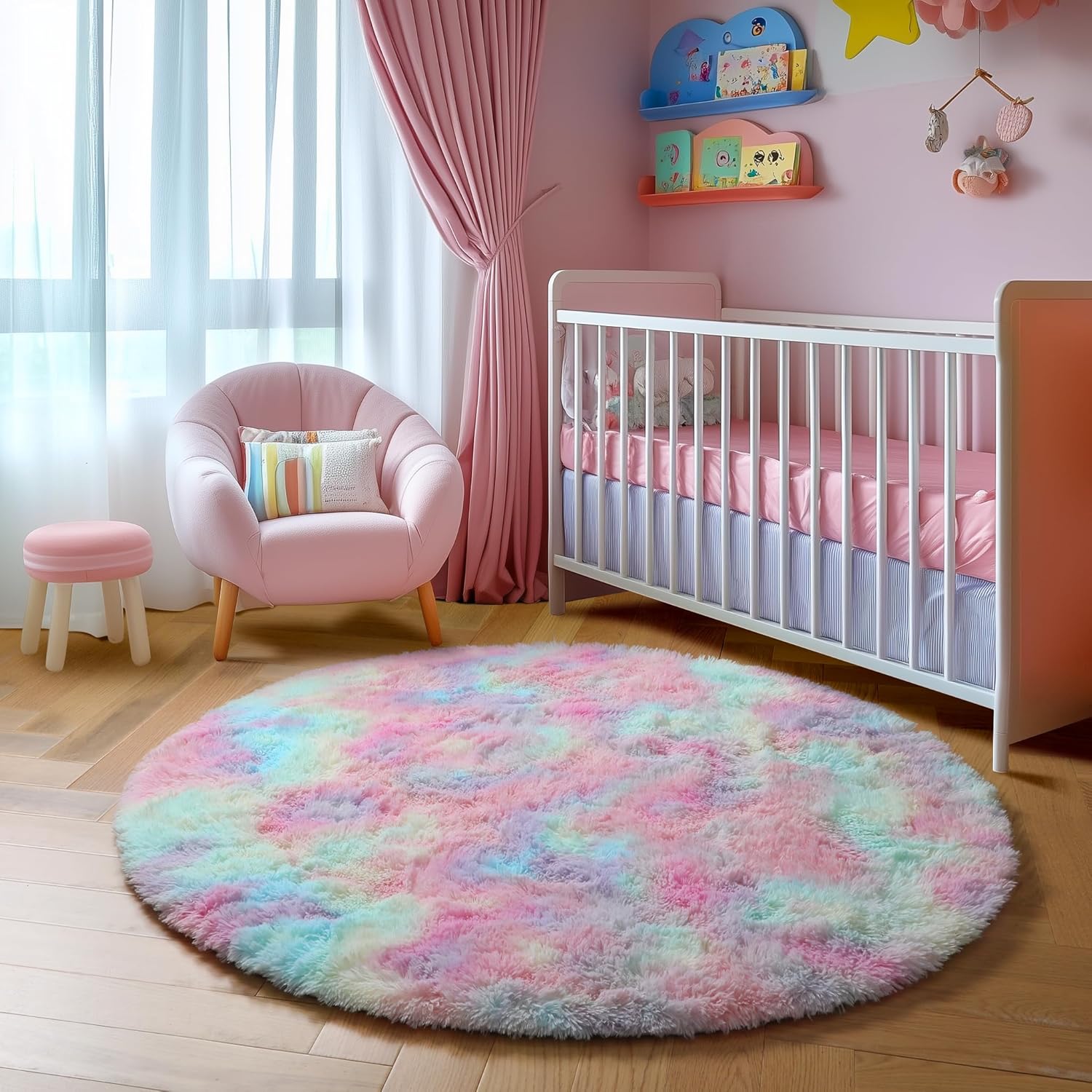 Amdrebio Rainbow Fluffy Round Rug 4Ft Kids Rugs for Girls Bedroom, Unicorn Room Decor, Colorful Pastel Shag Carpet for Preppy Dorm, Soft Cute Fuzzy Kawaii Circle Area Rugs for Baby Nursery, Playroom